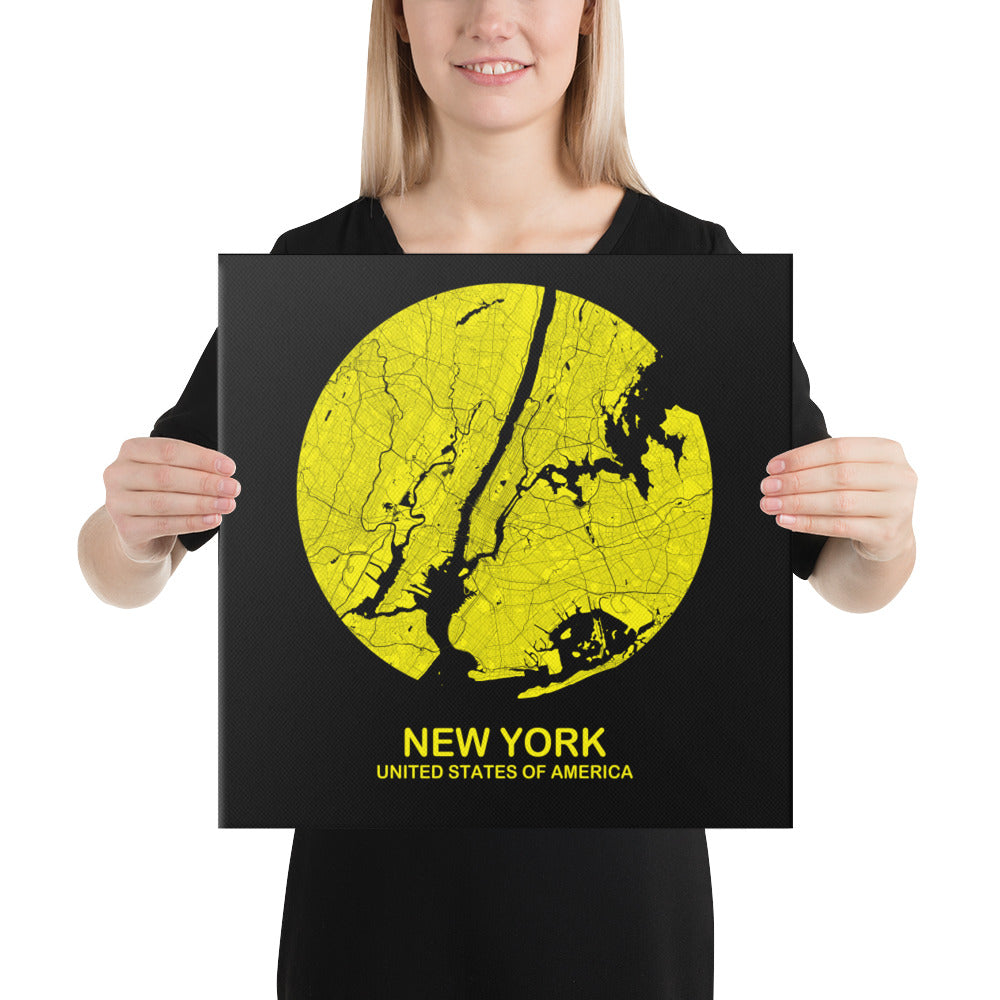 New York Circular Yellow Canvas Map