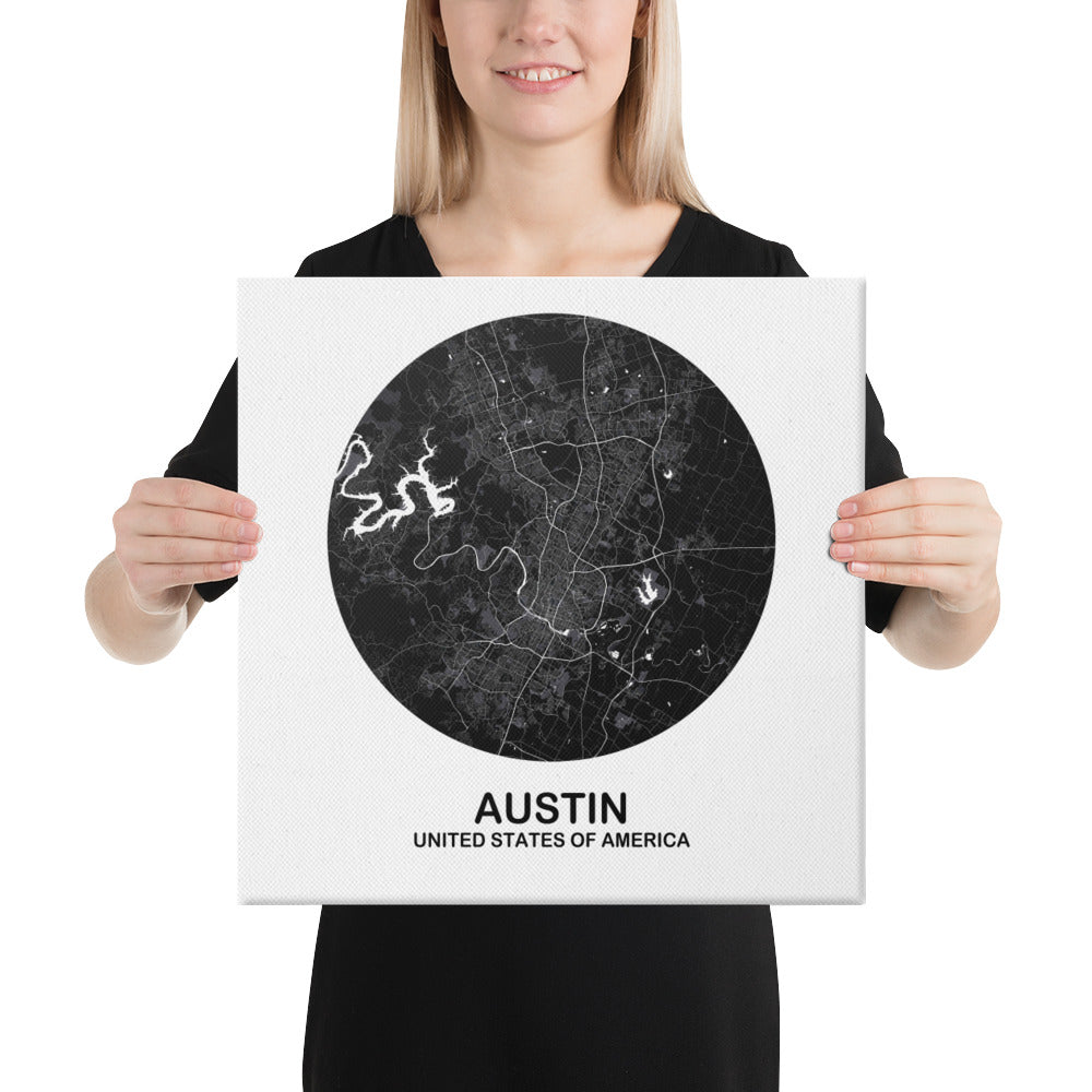 Austin Circular Black Canvas Map