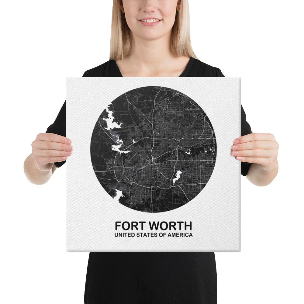 Fort Worth Circular Black Canvas Map