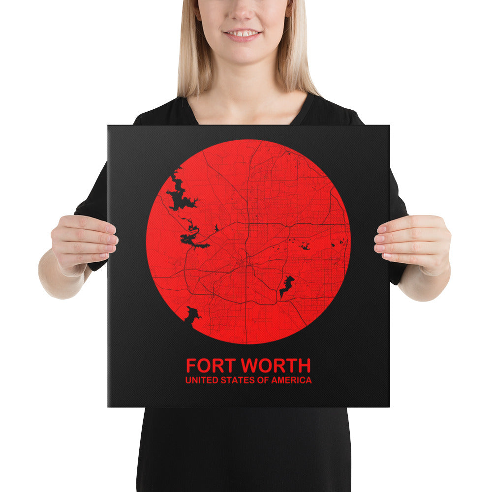 Fort Worth Circular Red Canvas Map