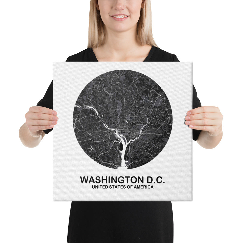 Washington, D.C. Circular Black Canvas Map