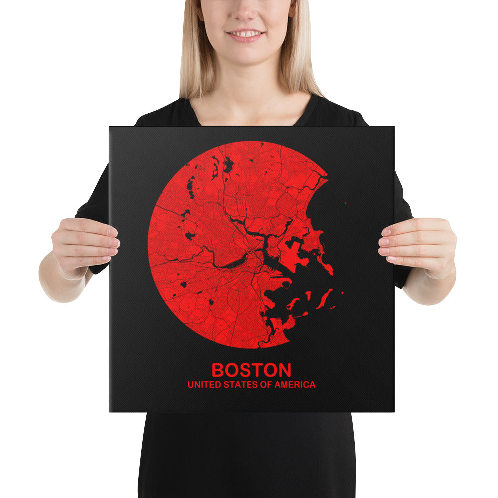 Boston Circular Red Canvas Map