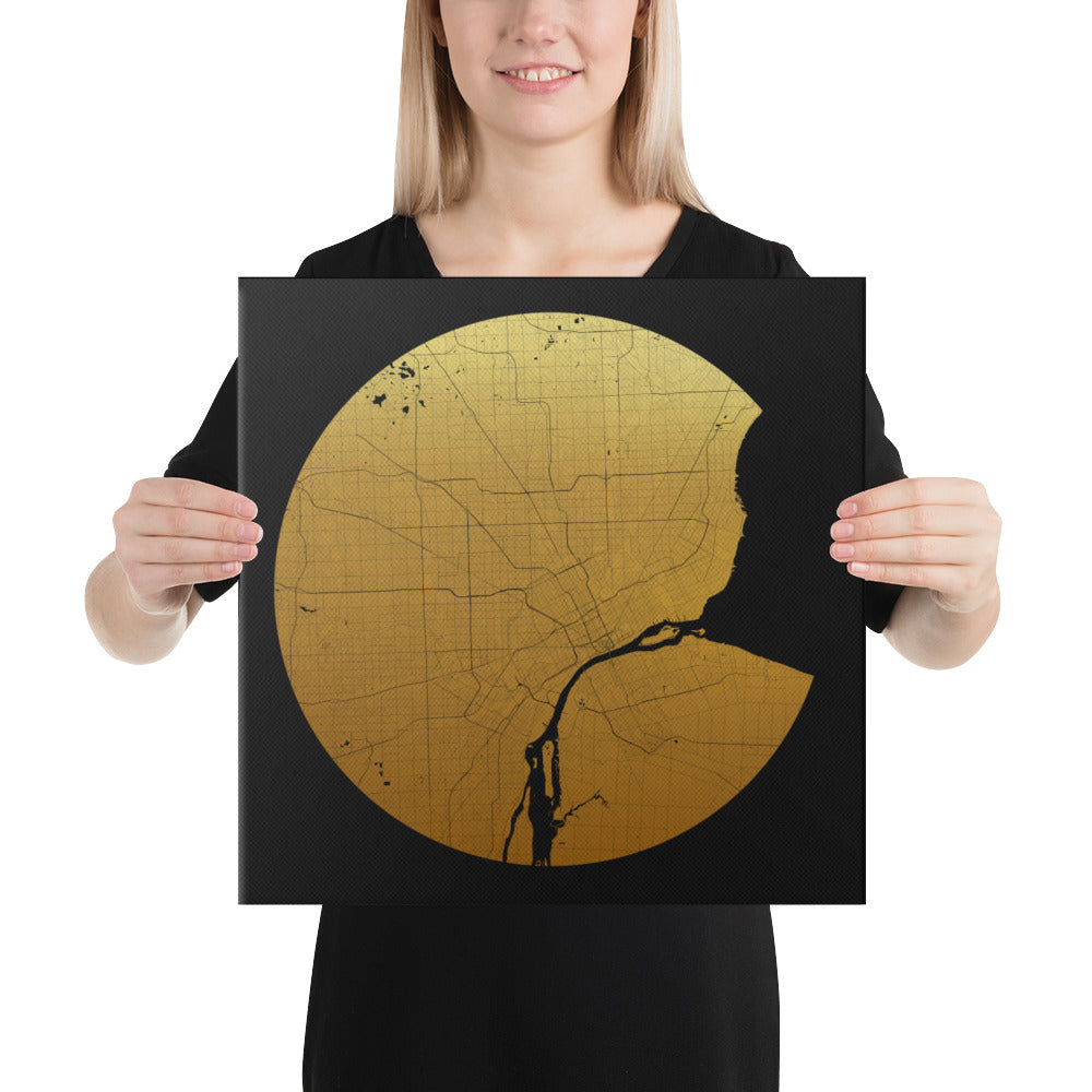 Detroit Gold on Black Canvas Map