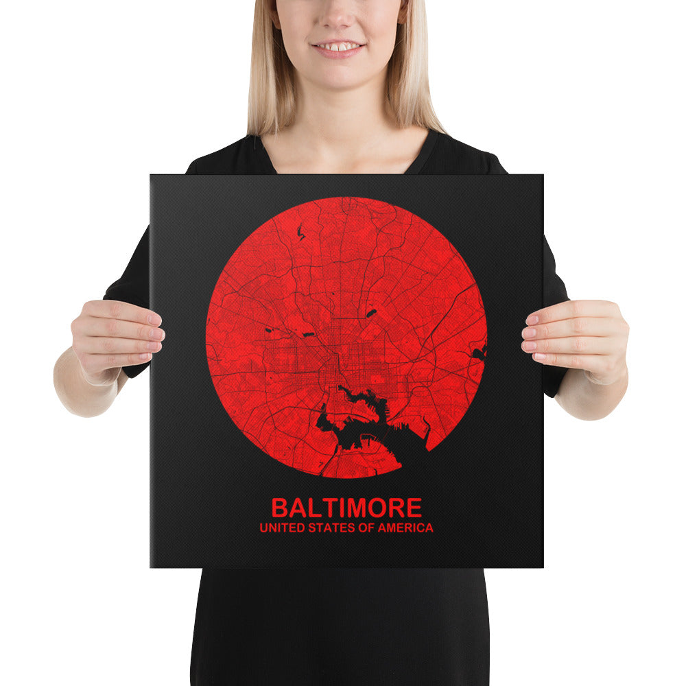 Baltimore Circular Red Canvas Map