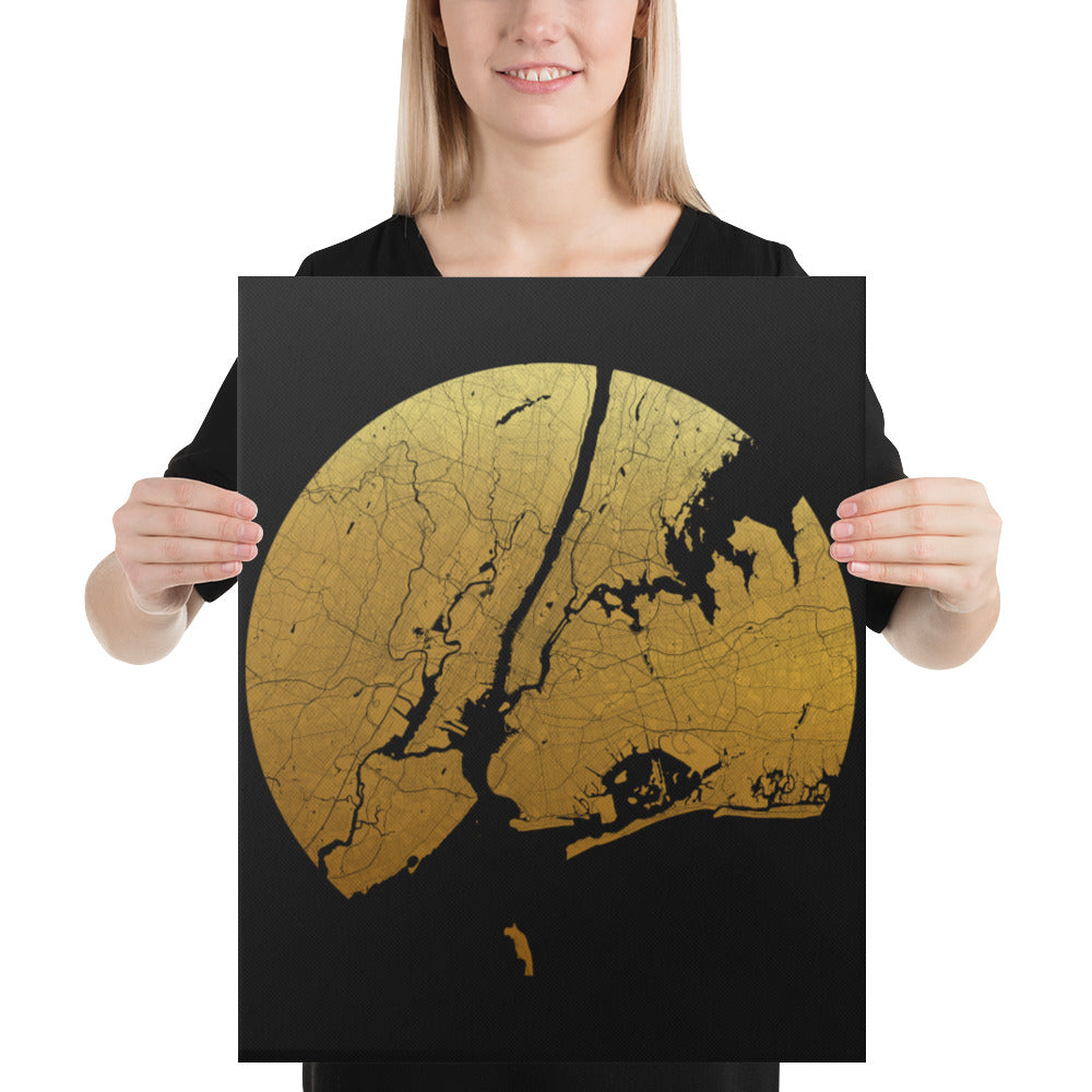 New York Gold on Black Canvas Map