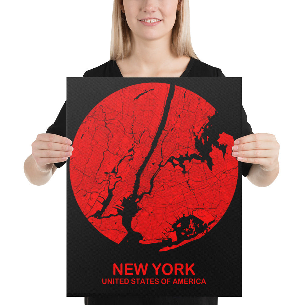 New York Circular Red Canvas Map