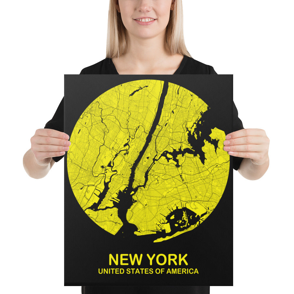 New York Circular Yellow Canvas Map