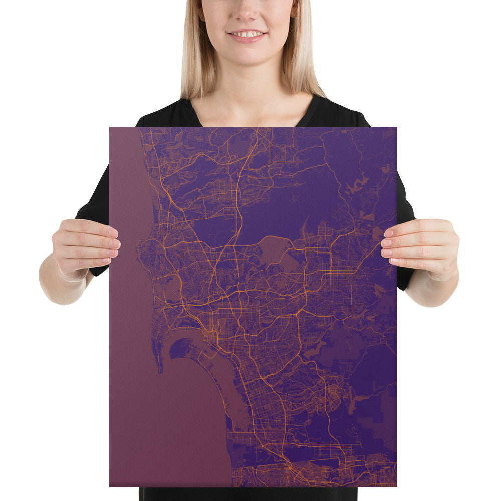 San Diego Purple and Orange Canvas Map