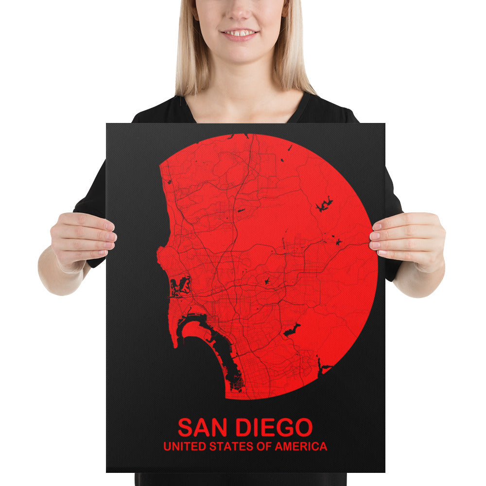 San Diego Circular Red Canvas Map