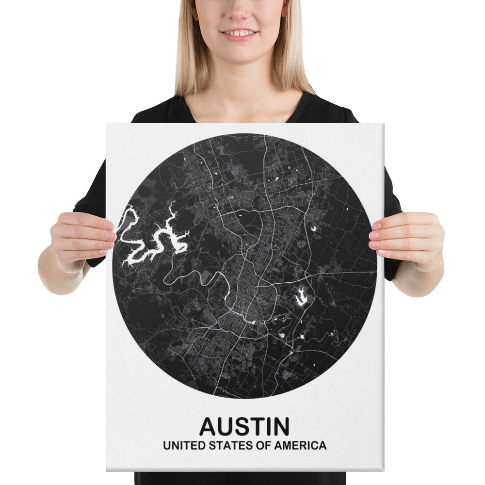 Austin Circular Black Canvas Map