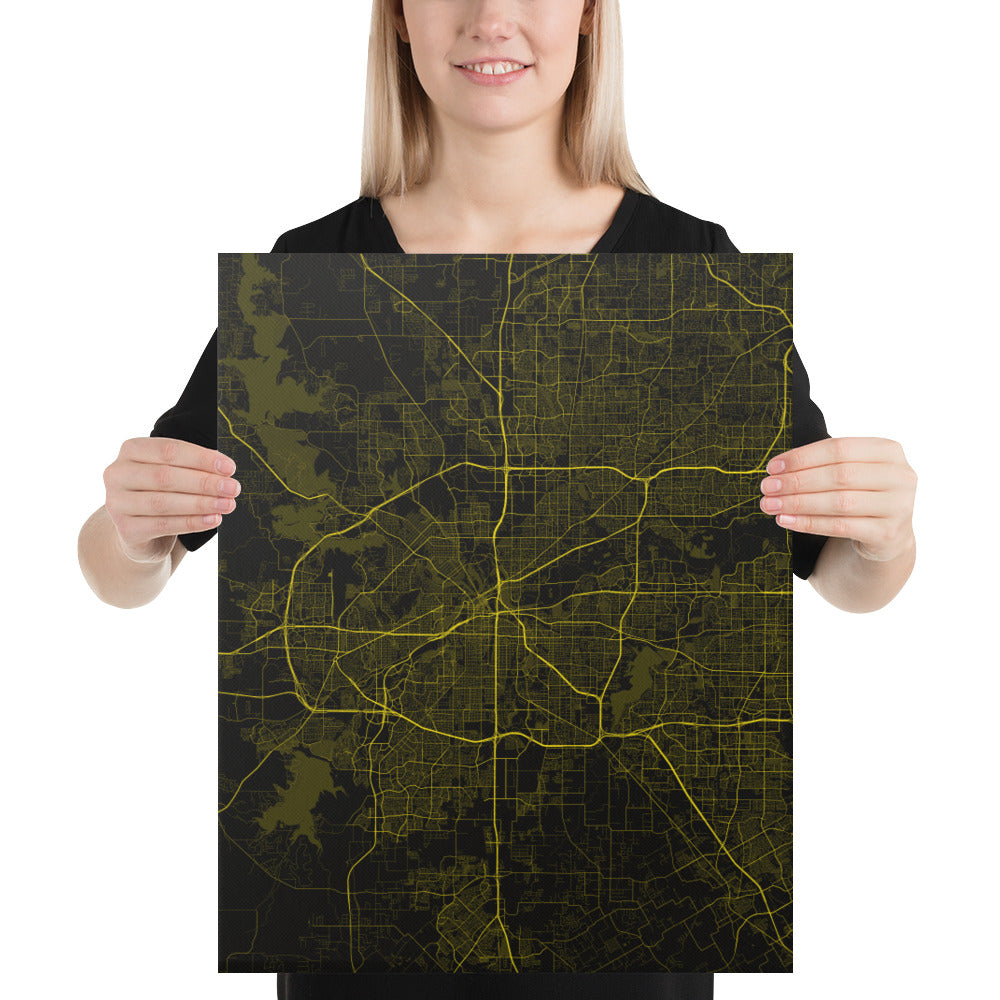 Fort Worth Black and Yellow Canvas Map