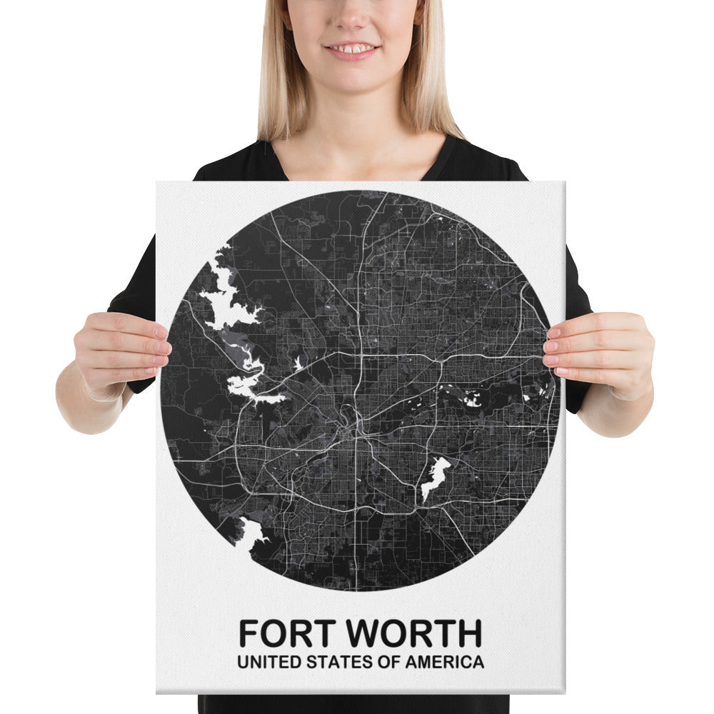 Fort Worth Circular Black Canvas Map