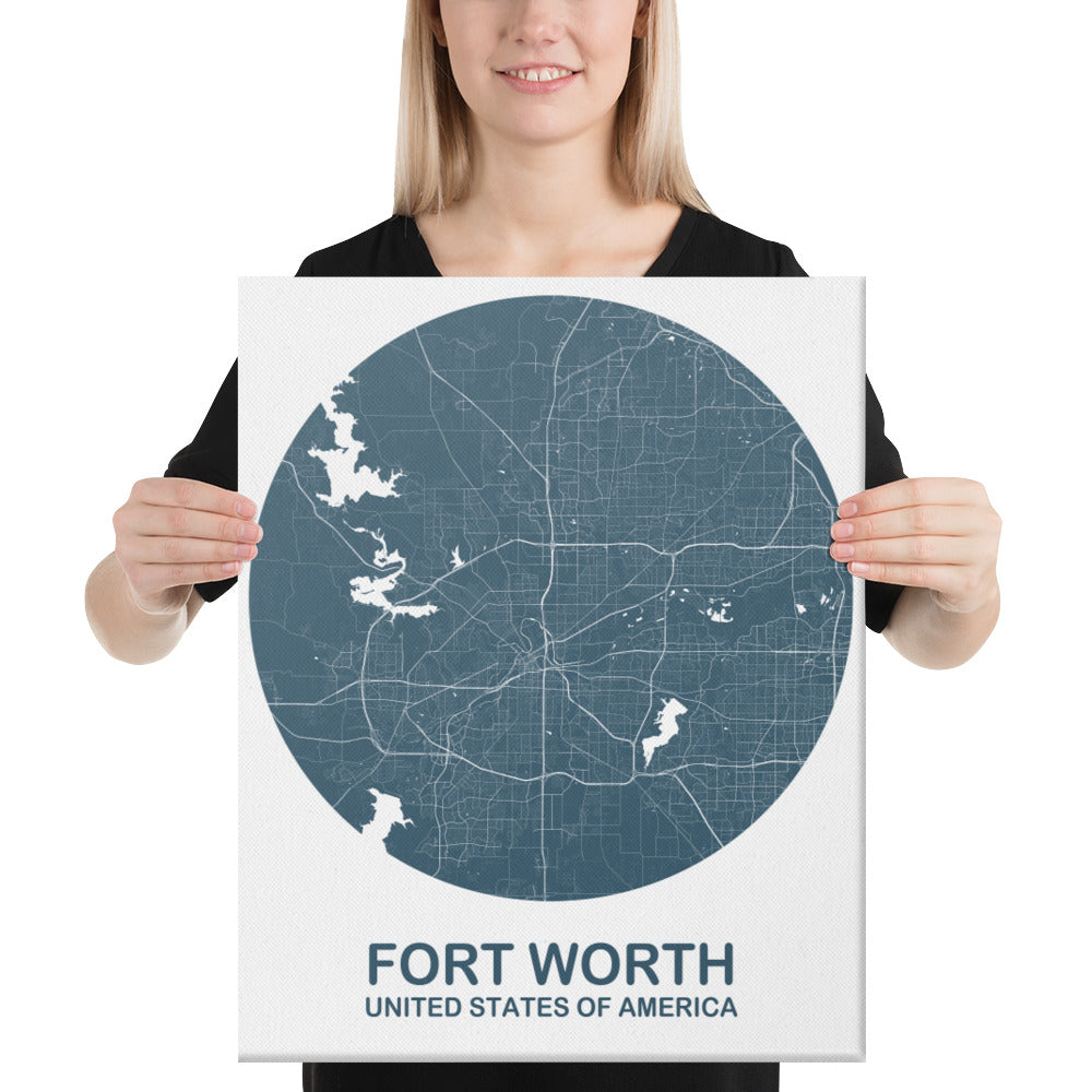 Fort Worth Circular Blue Canvas Map