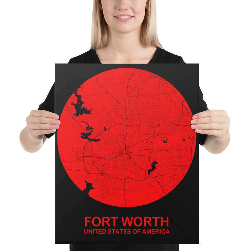 Fort Worth Circular Red Canvas Map