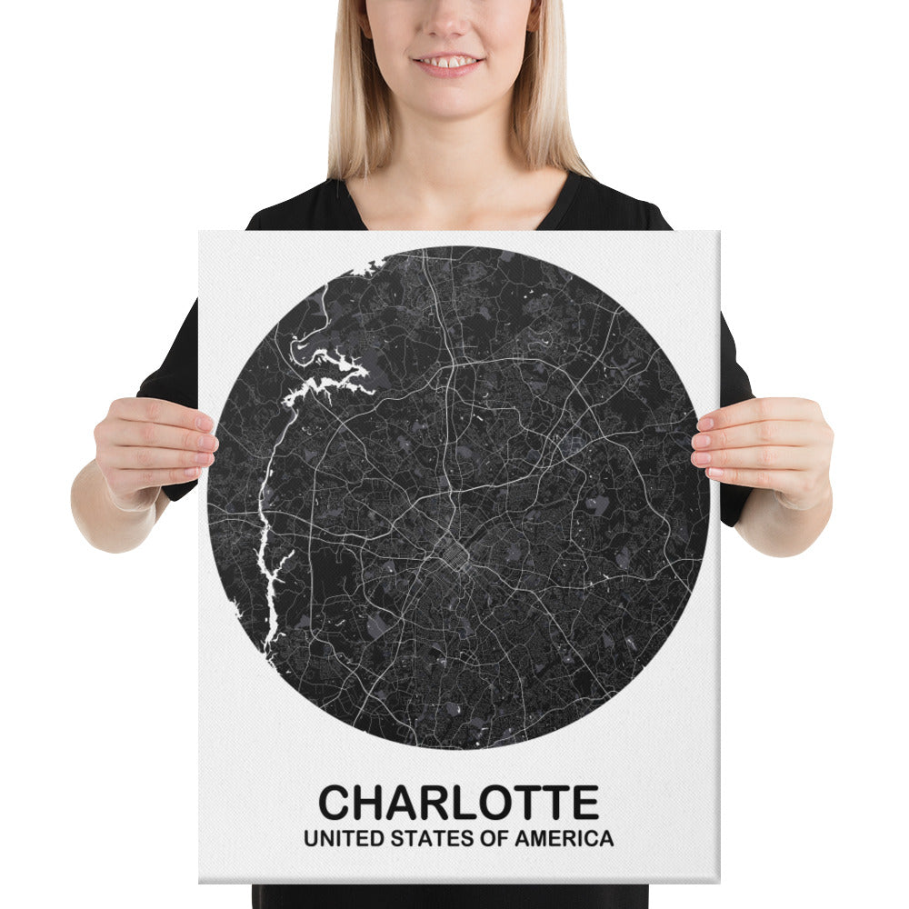 Charlotte Circular Black Canvas Map