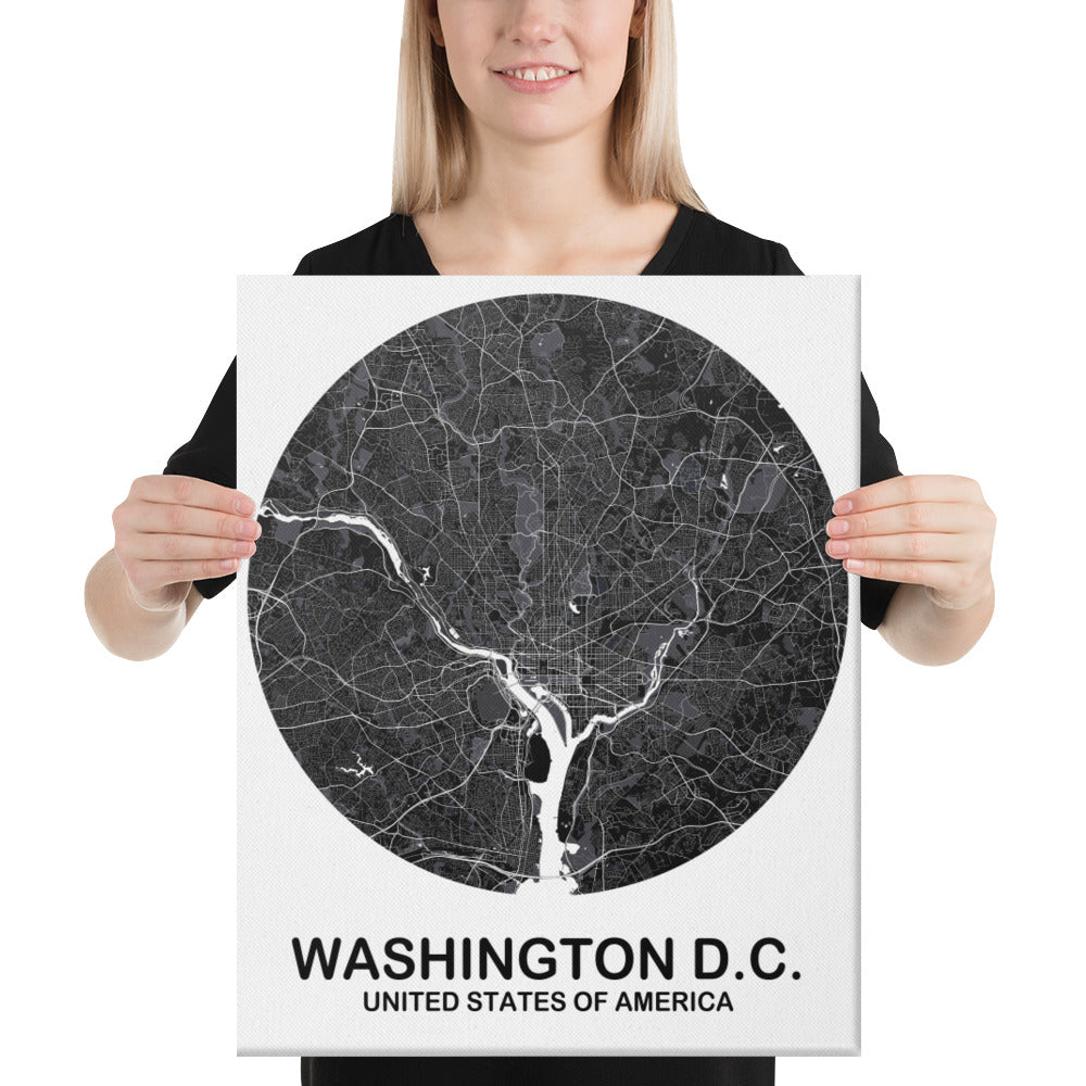 Washington, D.C. Circular Black Canvas Map