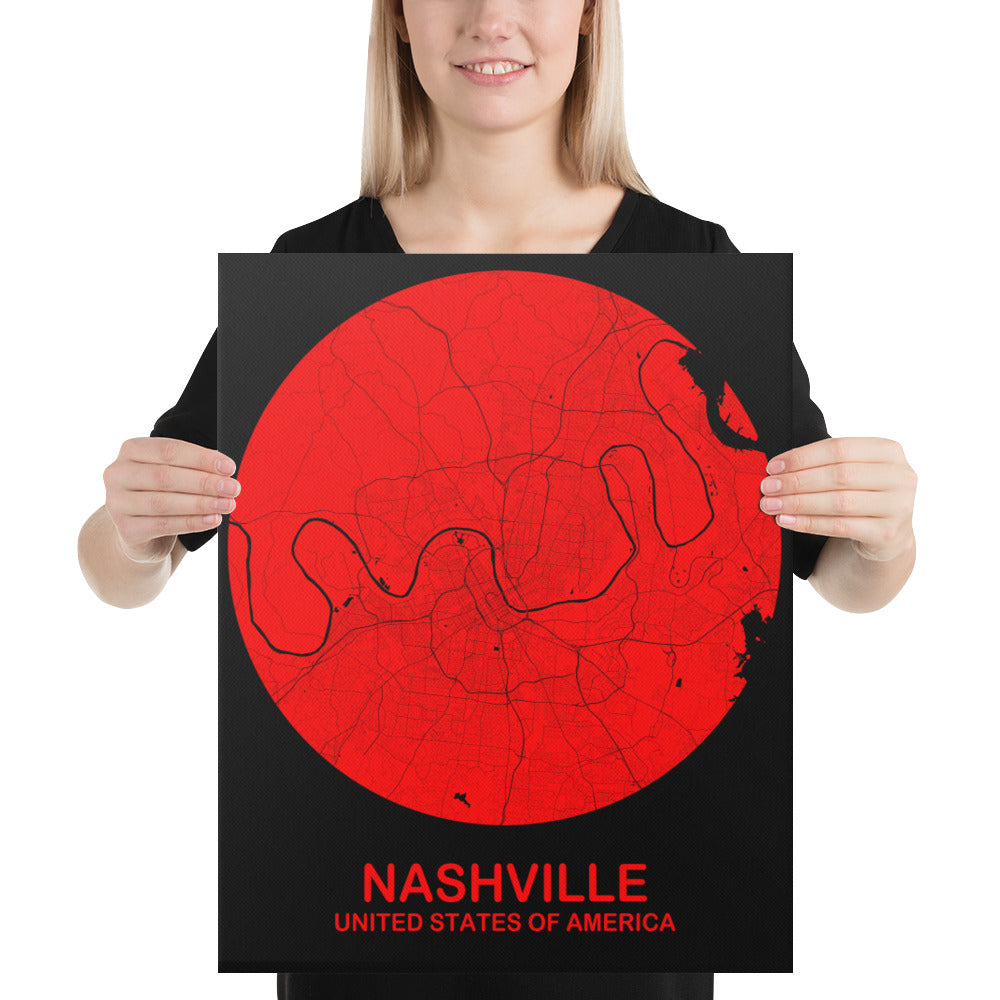 Nashville Circular Red Canvas Map