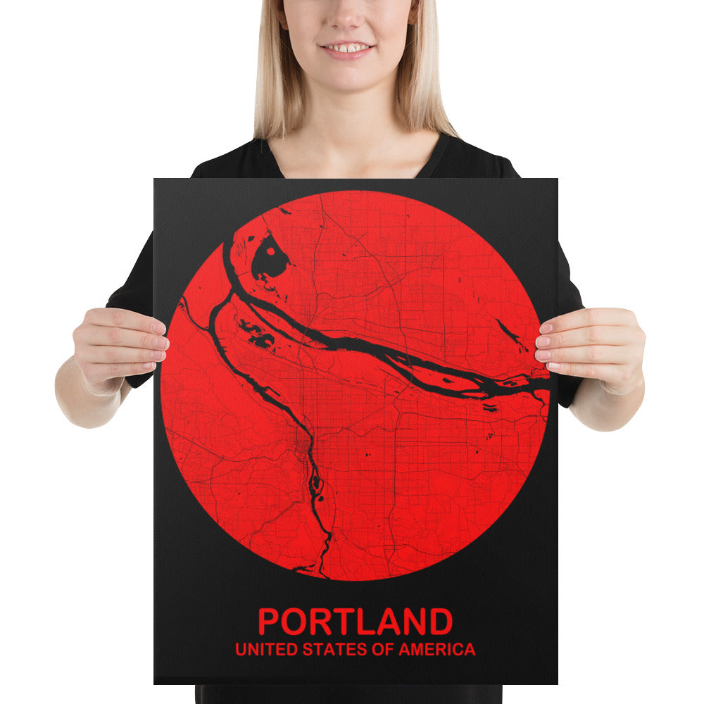 Portland Circular Red Canvas Map