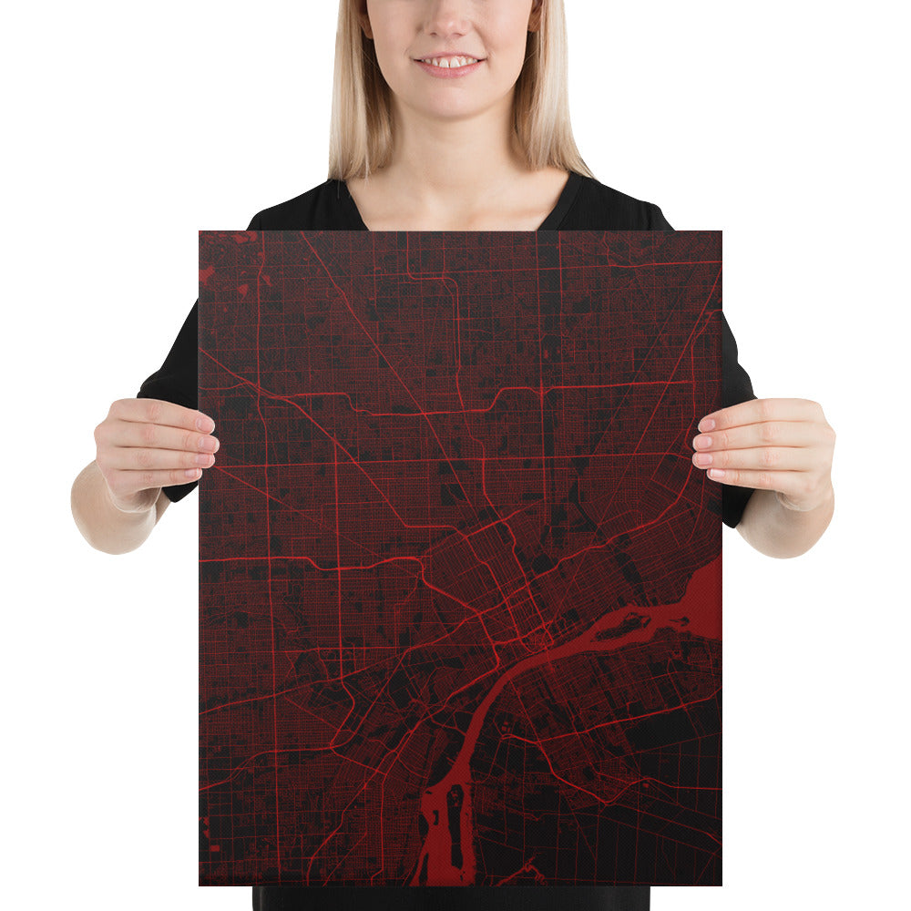 Detroit Black and Red Canvas Map