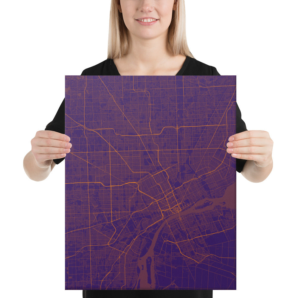 Detroit Purple and Orange Canvas Map