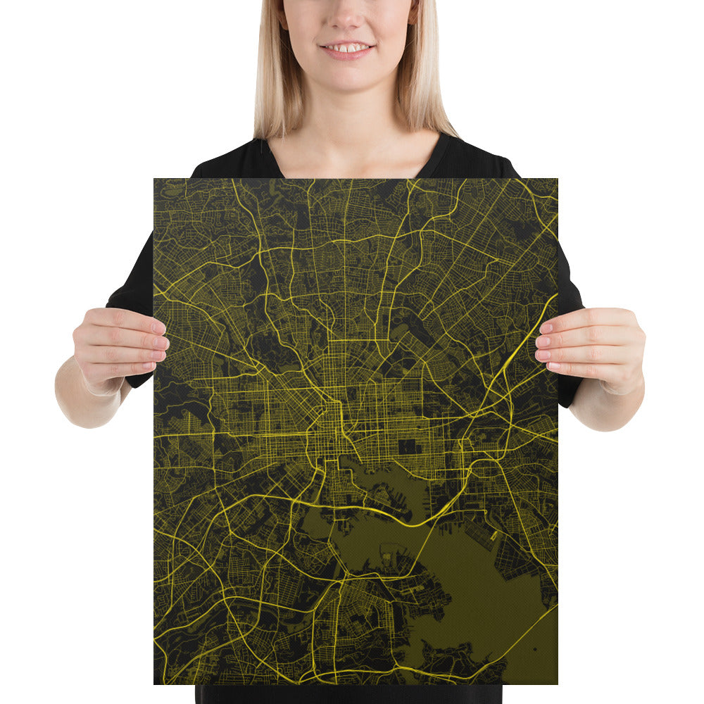 Baltimore Black and Yellow Canvas Map