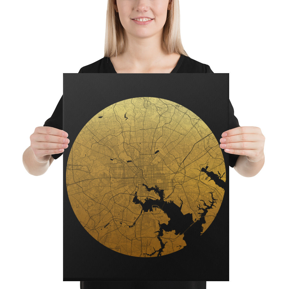 Baltimore Gold on Black Canvas Map