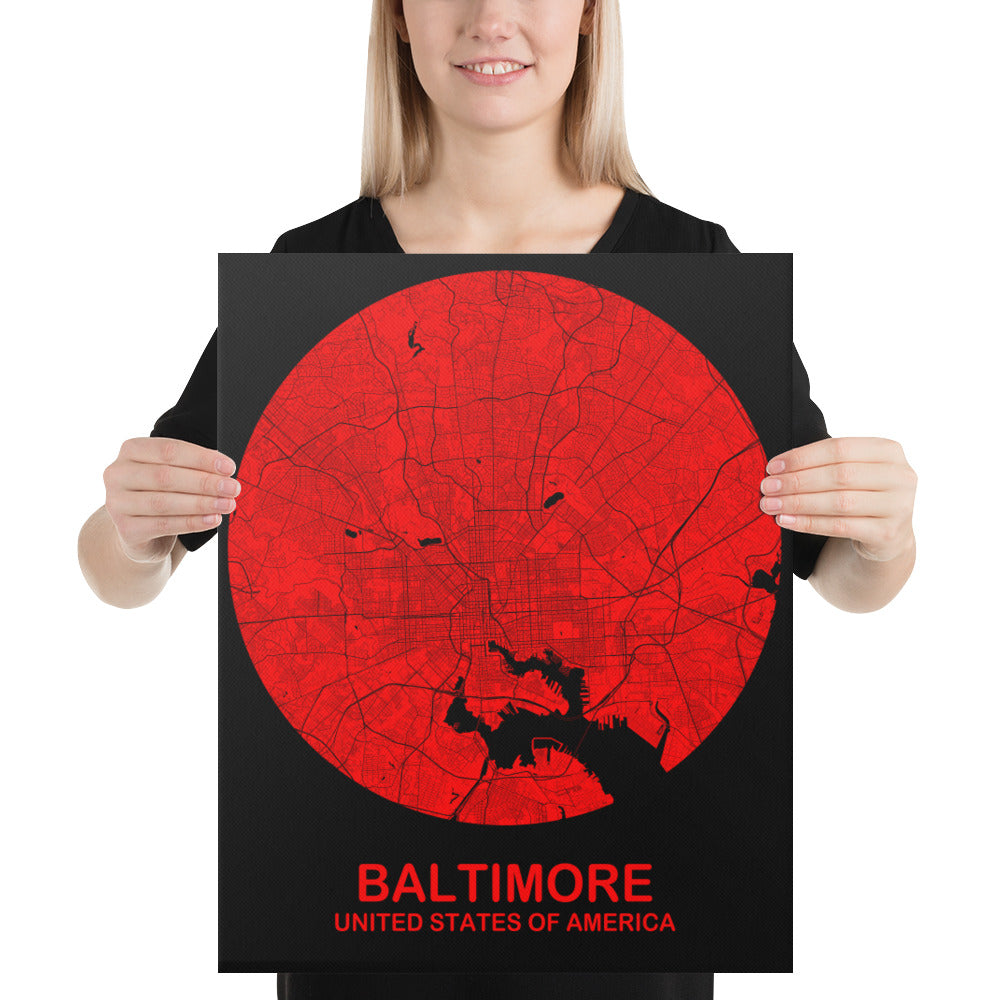 Baltimore Circular Red Canvas Map