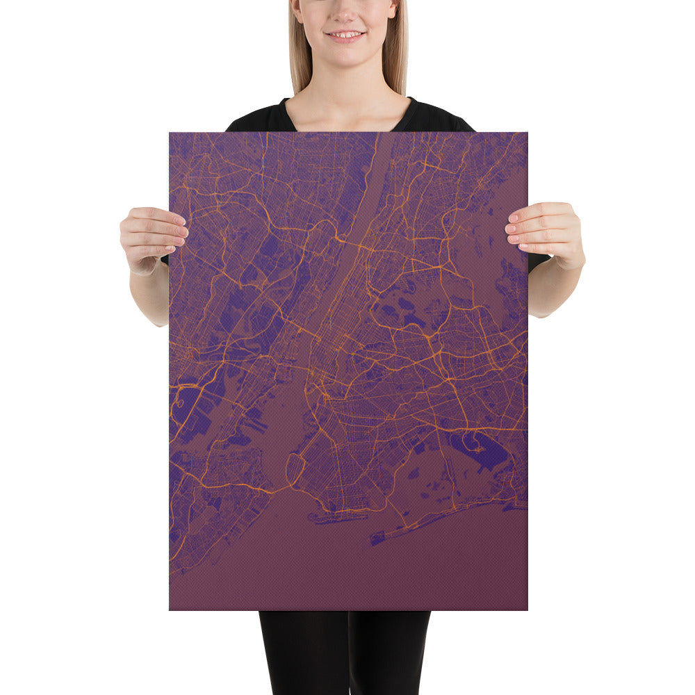 New York Purple and Orange Canvas Map