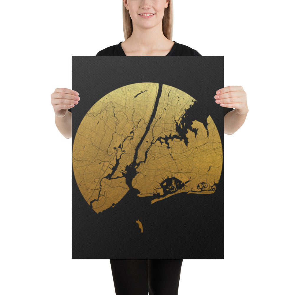 New York Gold on Black Canvas Map