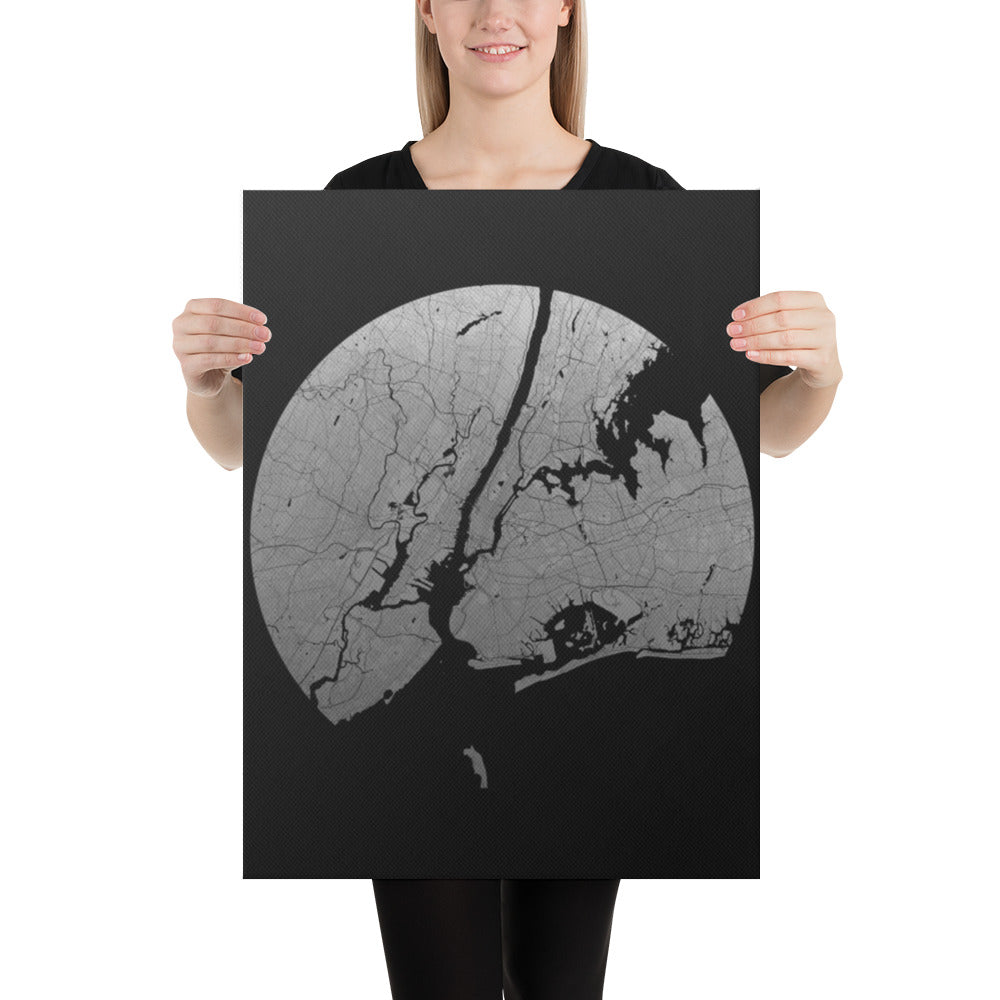 New York Silver on Black Canvas Map