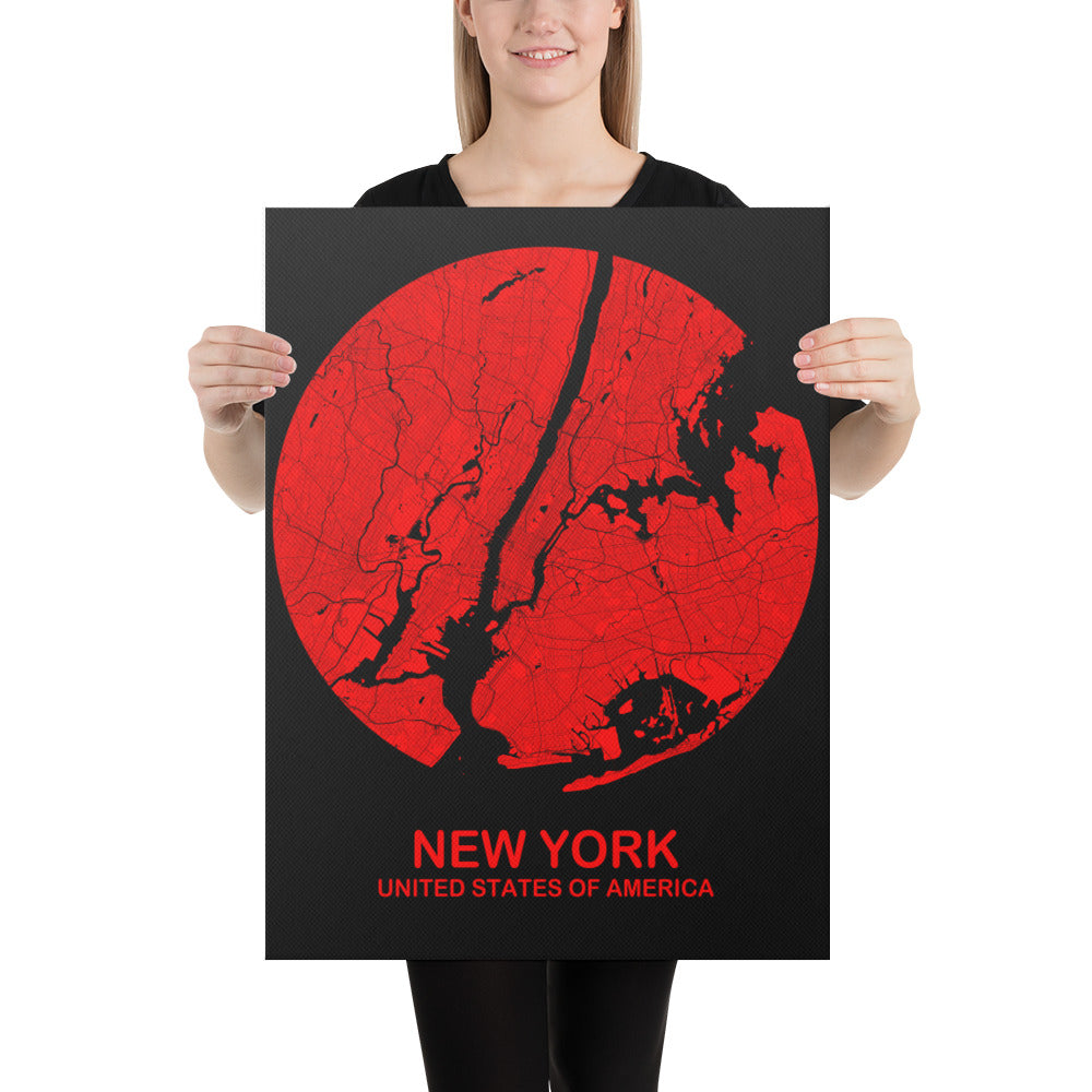 New York Circular Red Canvas Map