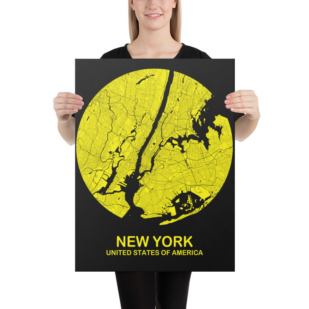 New York Circular Yellow Canvas Map