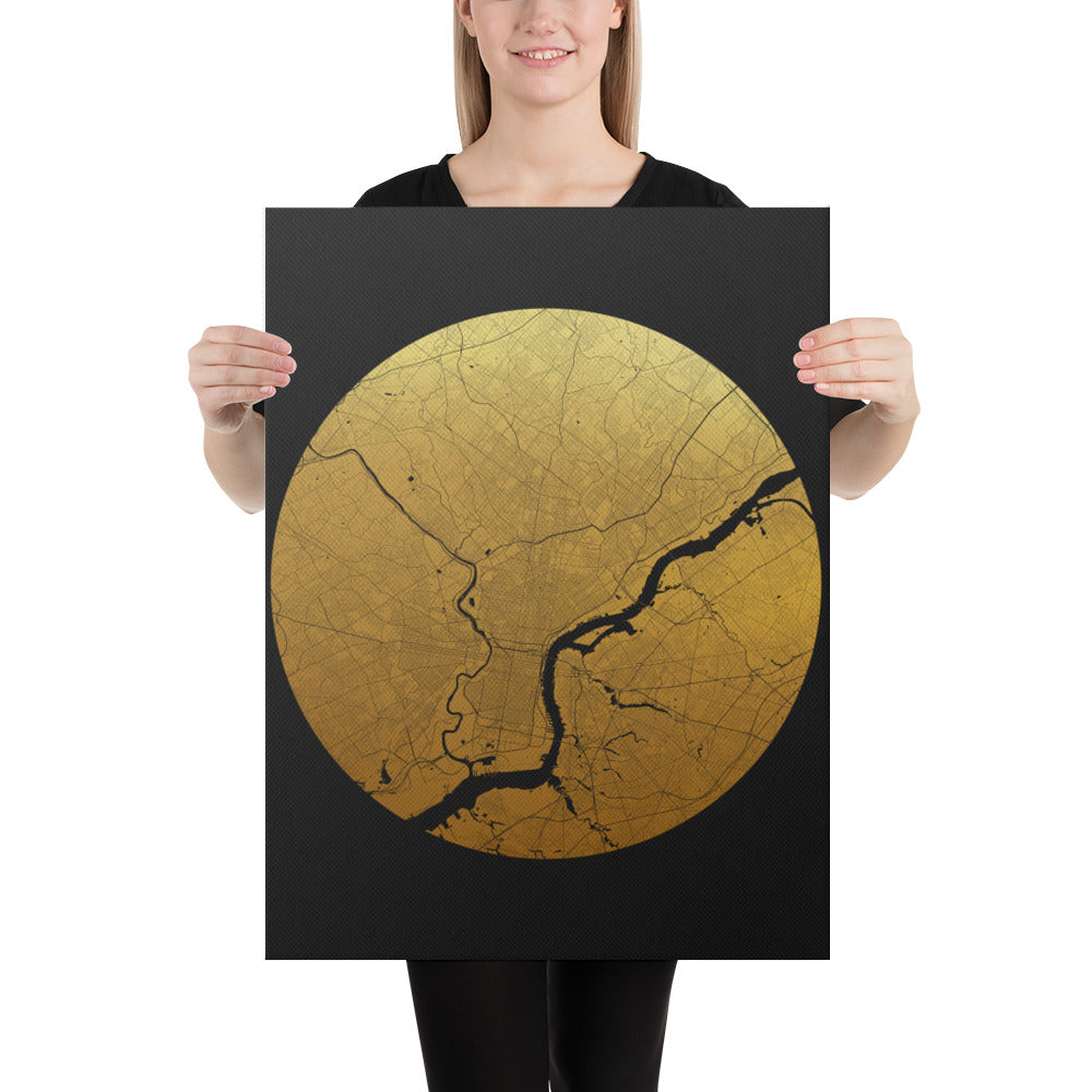 Philadelphia Gold on Black Canvas Map