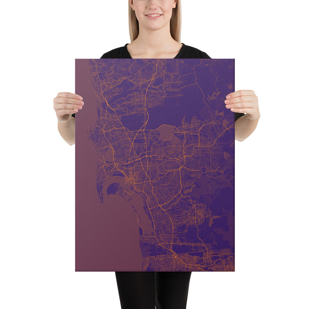 San Diego Purple and Orange Canvas Map