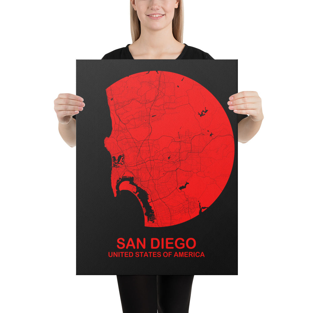 San Diego Circular Red Canvas Map