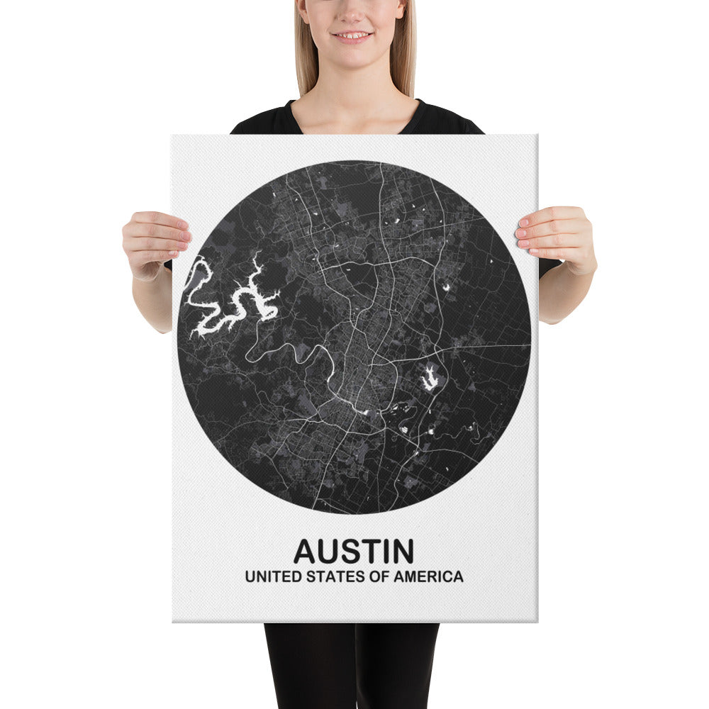 Austin Circular Black Canvas Map