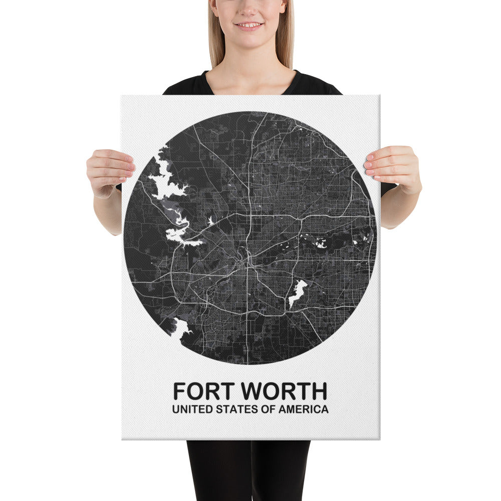 Fort Worth Circular Black Canvas Map