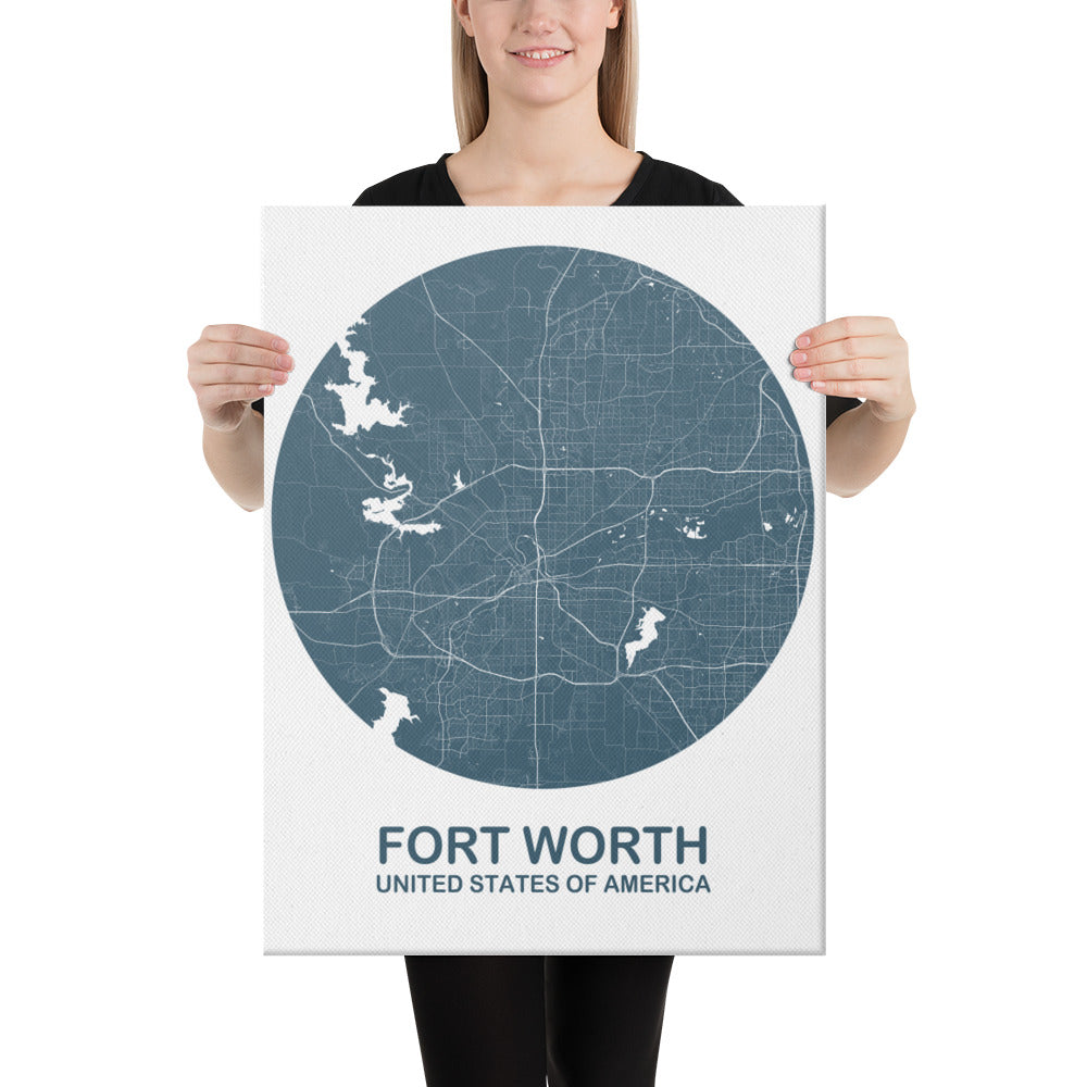 Fort Worth Circular Blue Canvas Map