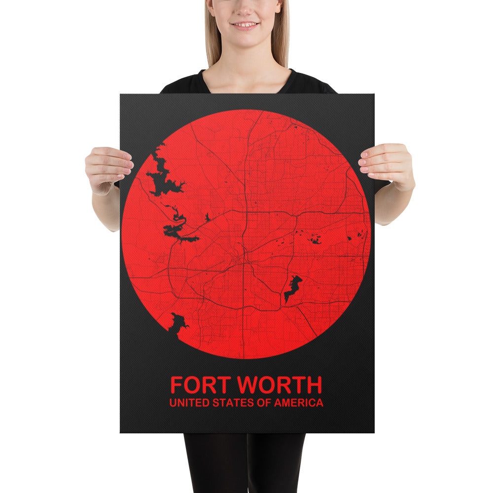 Fort Worth Circular Red Canvas Map