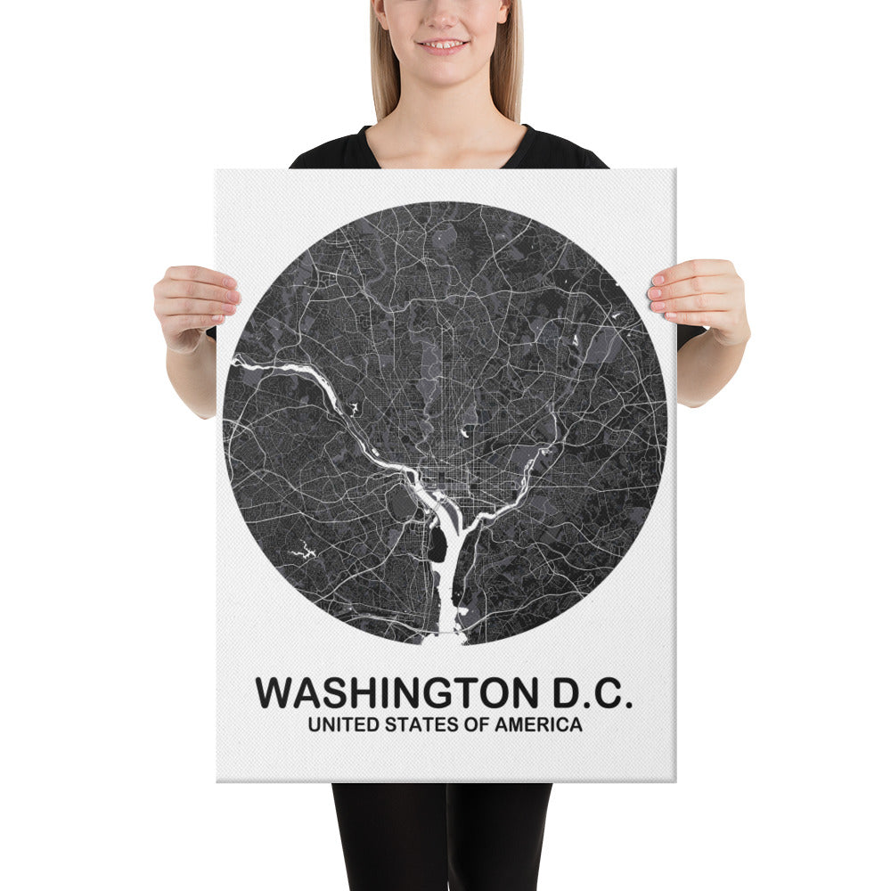 Washington, D.C. Circular Black Canvas Map