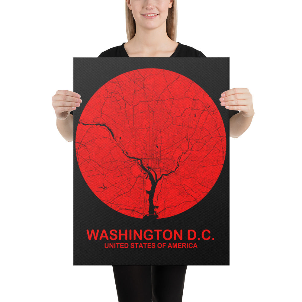 Washington, D.C. Circular Red Canvas Map