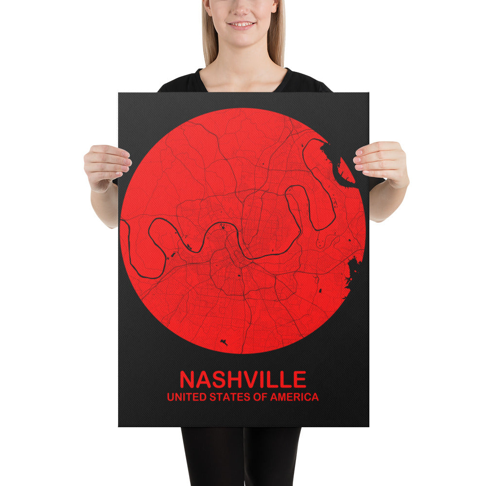 Nashville Circular Red Canvas Map