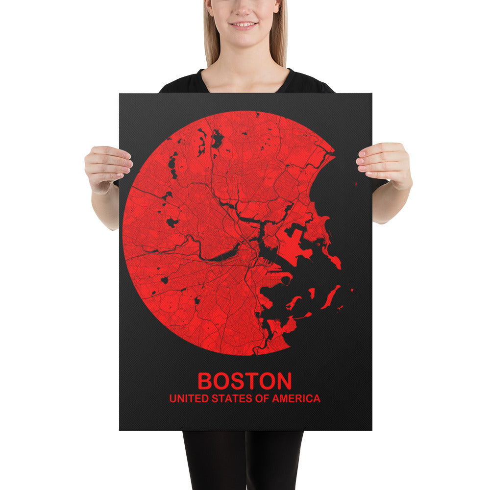 Boston Circular Red Canvas Map