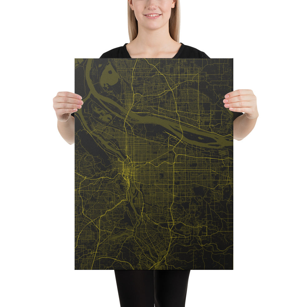 Portland Black and Yellow Canvas Map