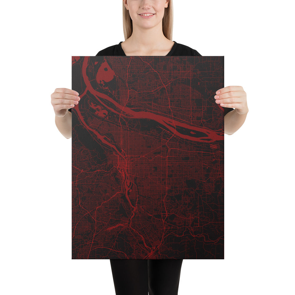 Portland Black and Red Canvas Map