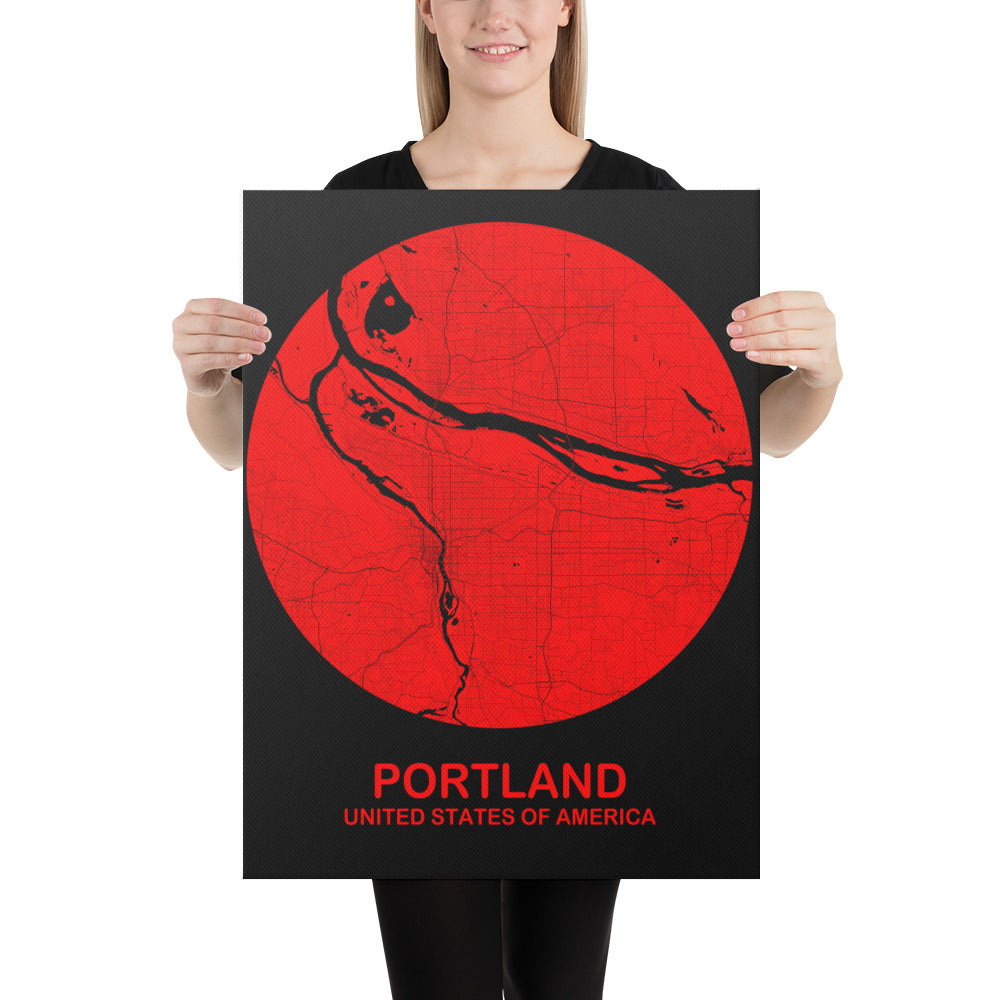 Portland Circular Red Canvas Map