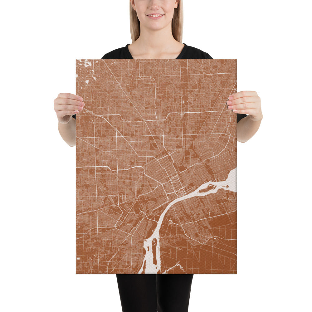 Detroit Brown and White Canvas Map