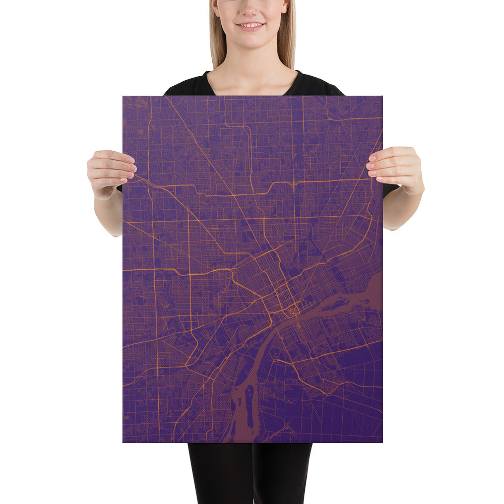 Detroit Purple and Orange Canvas Map