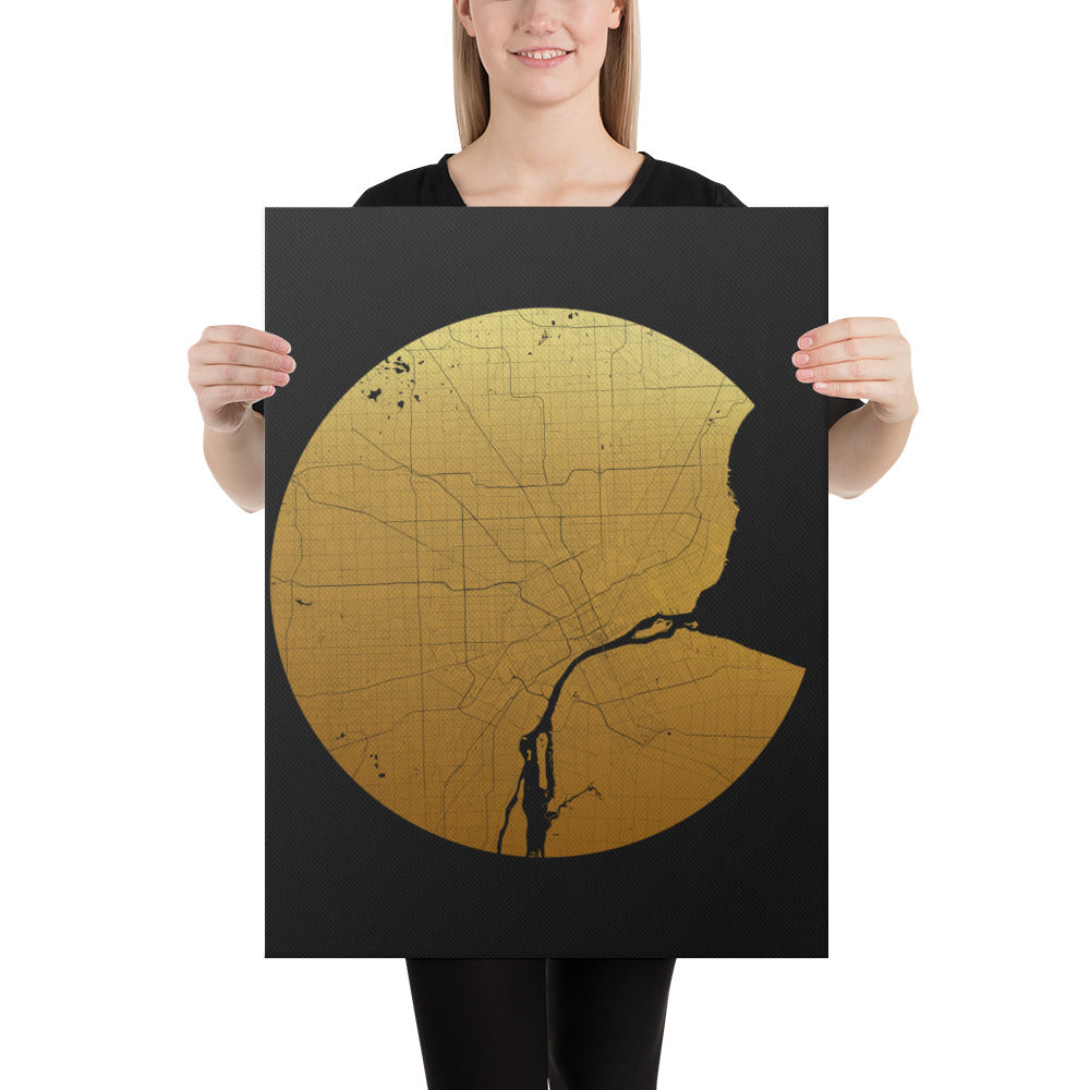 Detroit Gold on Black Canvas Map