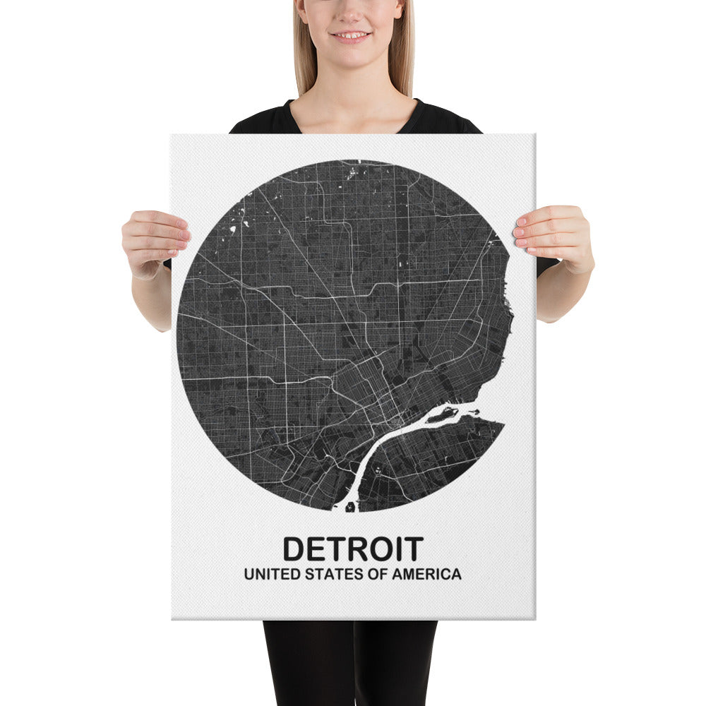 Detroit Circular Black Canvas Map